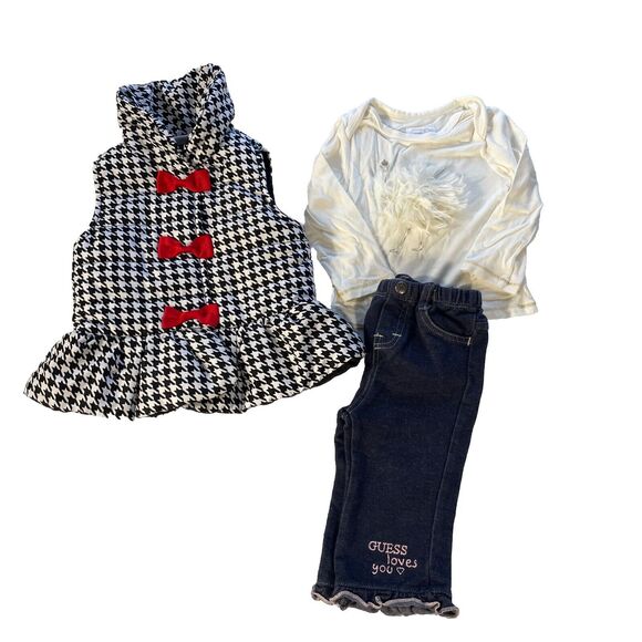 Lot of 3 Baby Girl 6-9M Assorted Brands Baby Clothes Quilted Vest, Pant, Top - Picture 1 of 11